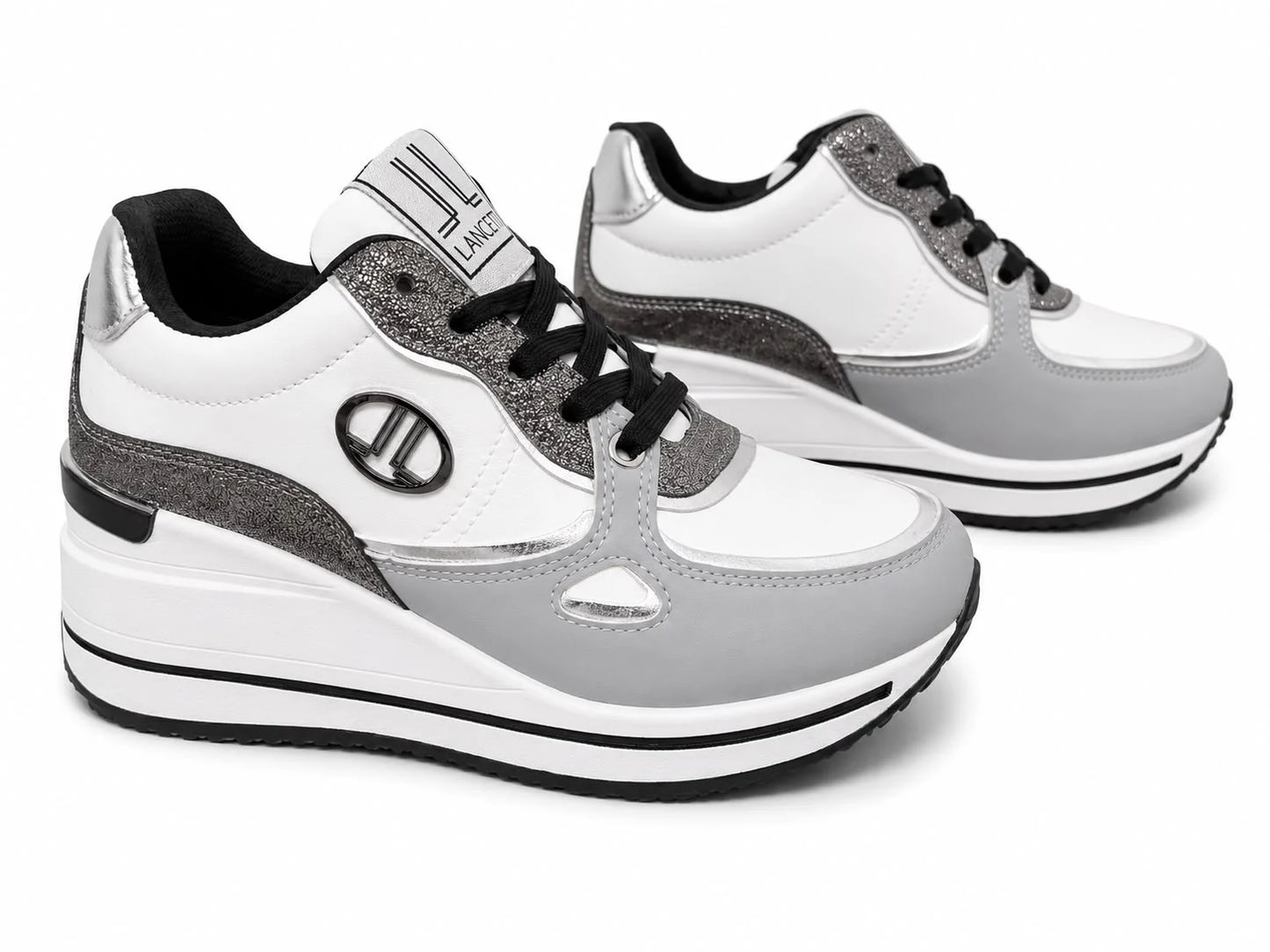 Original Sneakers Damă Alb-Gri cu Platformă Înaltă,