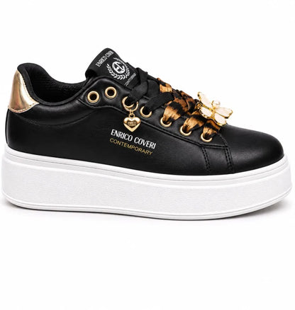 Enrico Coveri® Pantofi Casual Damă Negri cu Platformă Albă și Accente Aurii