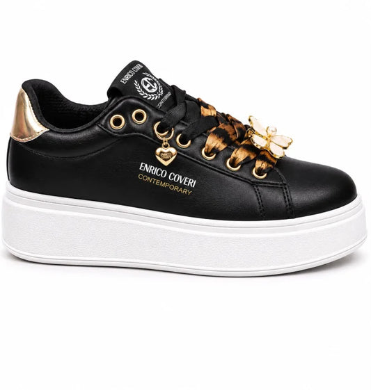 Enrico Coveri® Pantofi Casual Damă Negri cu Platformă Albă și Accente Aurii
