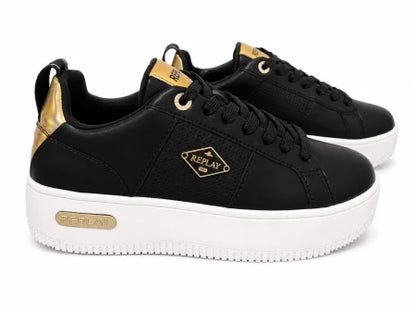 Replay® Pantofi Casual Damă Negri cu Platformă Albă și Detalii Aurii,