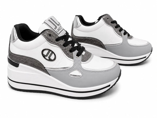 Original Sneakers Damă Alb-Gri cu Platformă Înaltă,