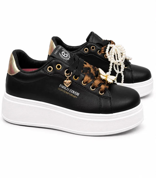 Enrico Coveri® Pantofi Casual Damă Negri cu Platformă Albă și Accente Aurii