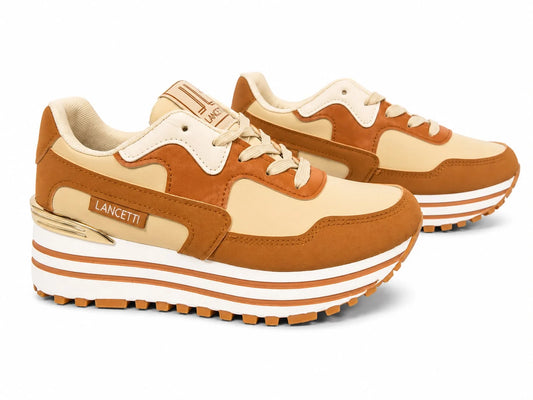 Original Sneakers Damă Camel-Bej cu Platformă Înaltă,