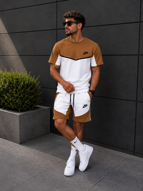 Set Tricou și Pantaloni Scurți Bărbați Maro/Alb