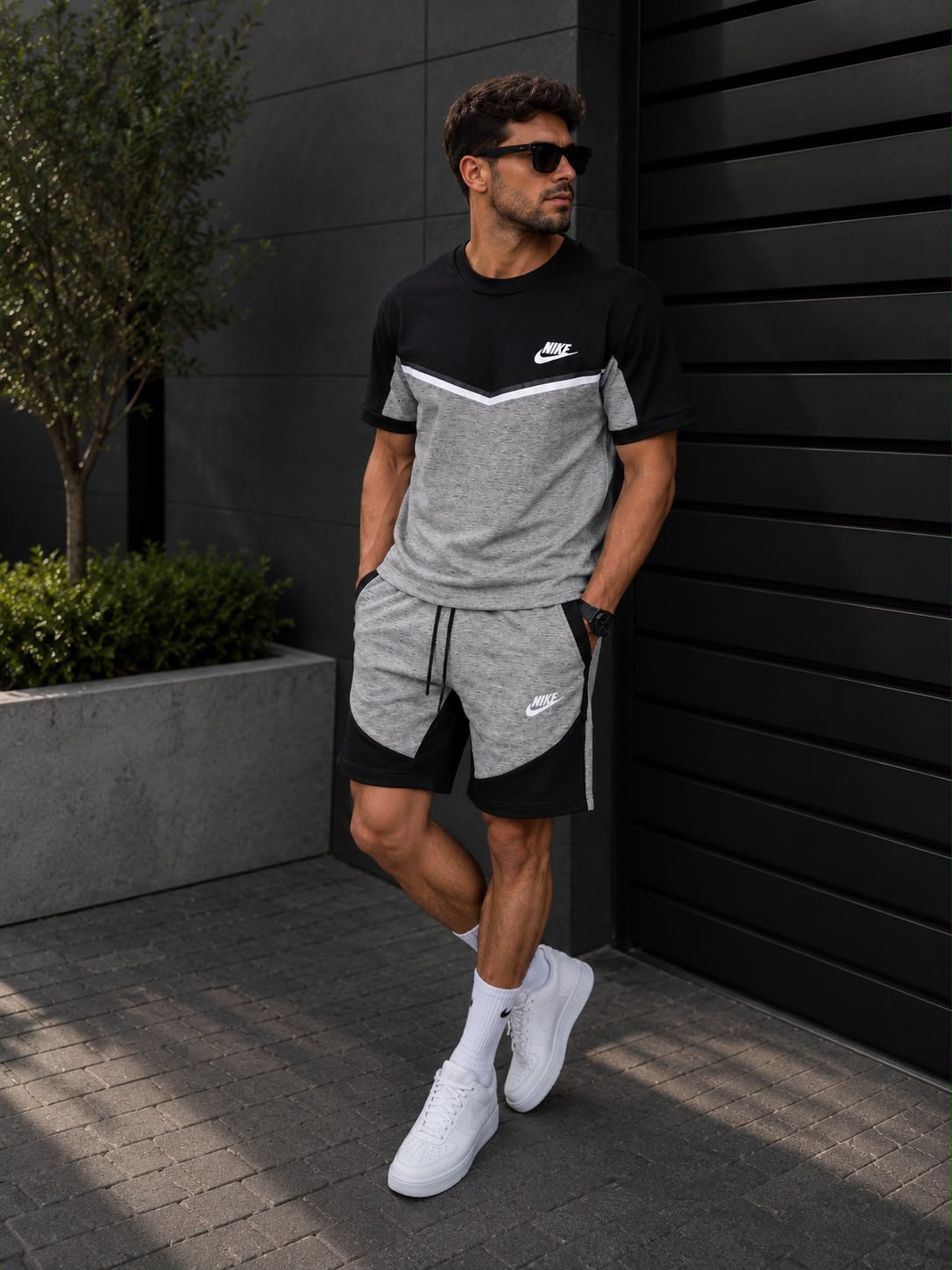 Set Tricou și Pantaloni Scurți Bărbați Gri/Negru
