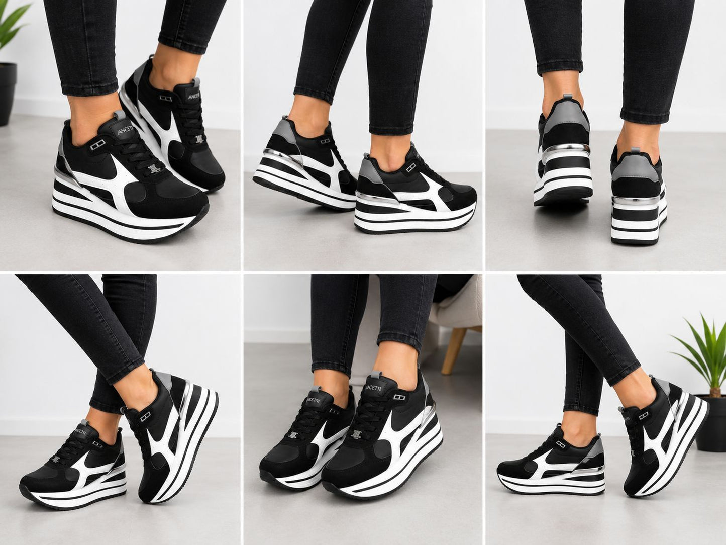 Original Sneakers Damă Negri cu Platformă Înaltă Alb-Negru,