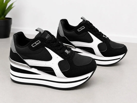 Original Sneakers Damă Negri cu Platformă Înaltă Alb-Negru,