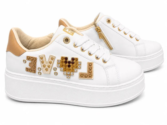 Laura Biagiotti® Pantofi Casual Damă Albi cu Platformă și Detalii Aurii,